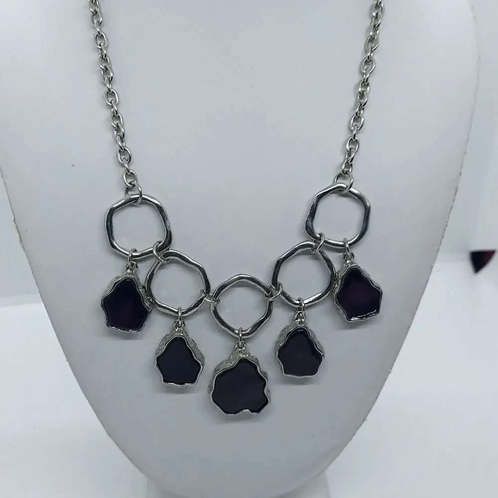 Silver tone and purple‎ faux stone necklace